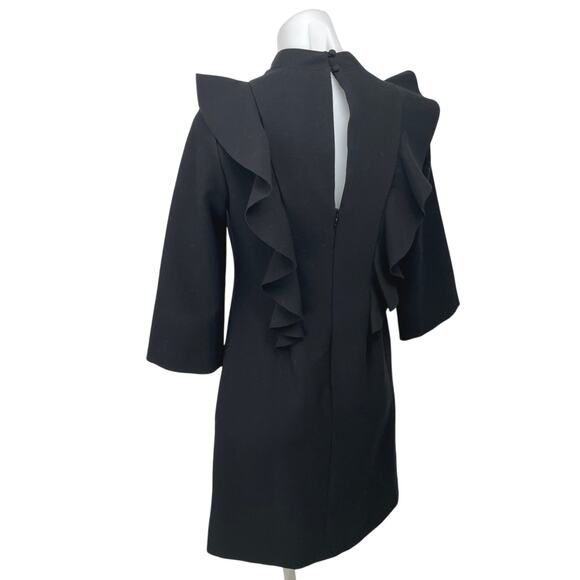 Banana Republic Black Ruffle Frill Mock Neck 3/4 Sleeve Mini Shift Dress Size 2 - Picture 5 of 8